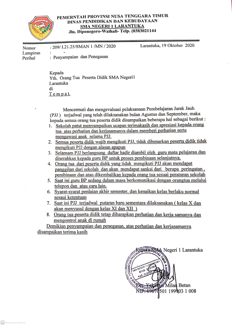 SURAT PENEGASAN KEPALA SMA NEGERI 1 LARANTUKA TENTANG PELAKSANAAN PJJ 2020